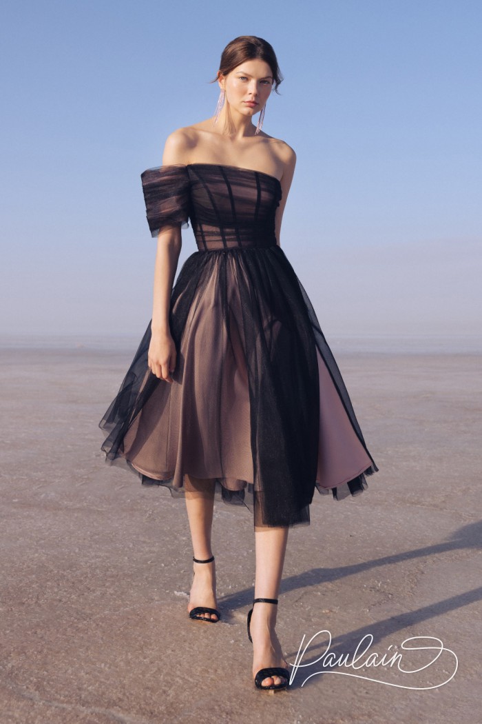 Elegant black sheath dress with a removable voluminous skirt- AELITA | Paulain