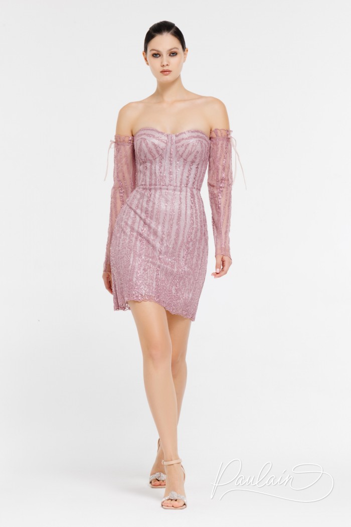 Lace pink sheath dress with removable sleeves- MANTIS | Paulain