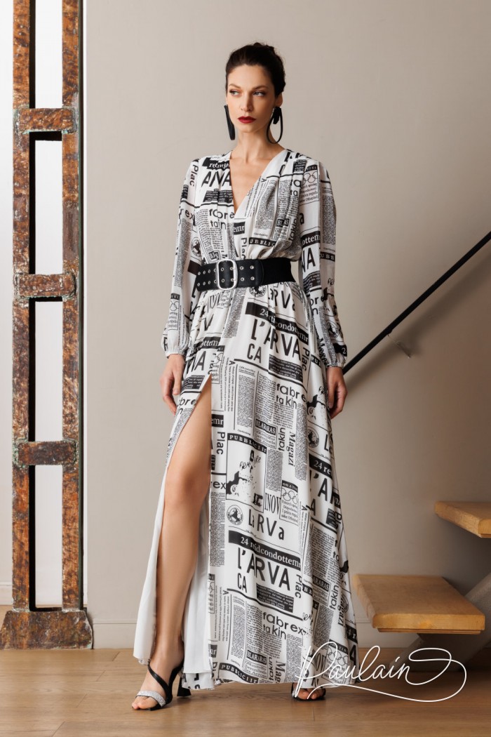 Fashionable full-length chiffon dress with an original designer print and long sleeves- ASTI | Paulain