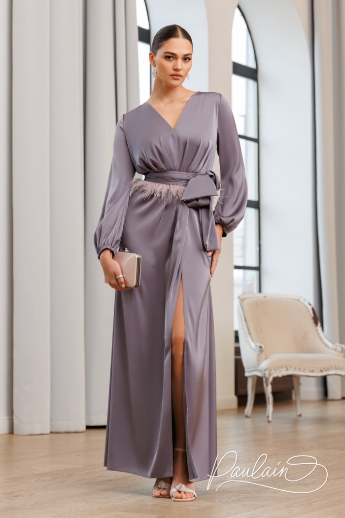 Elegant evening gown with a boa element and long sleeves- BRIONI | Paulain
