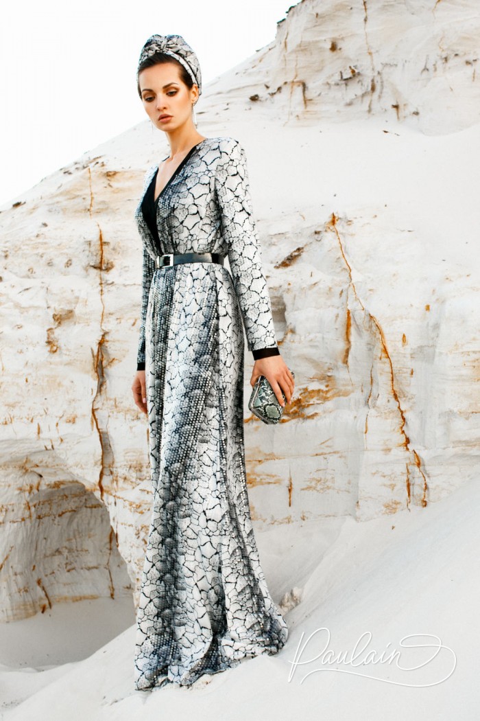 Long marble evening dress with shimmering sequins and a long sleeve  - CHANTAL | Paulain