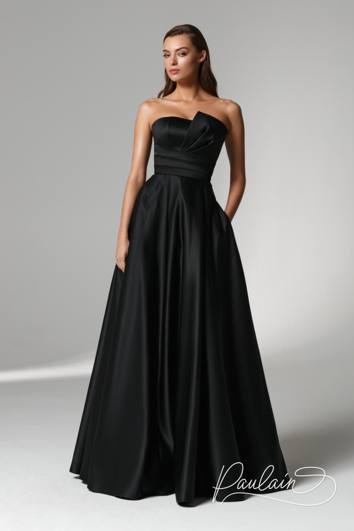 Evening long black satin dress with open shoulders- IMAN | Paulain