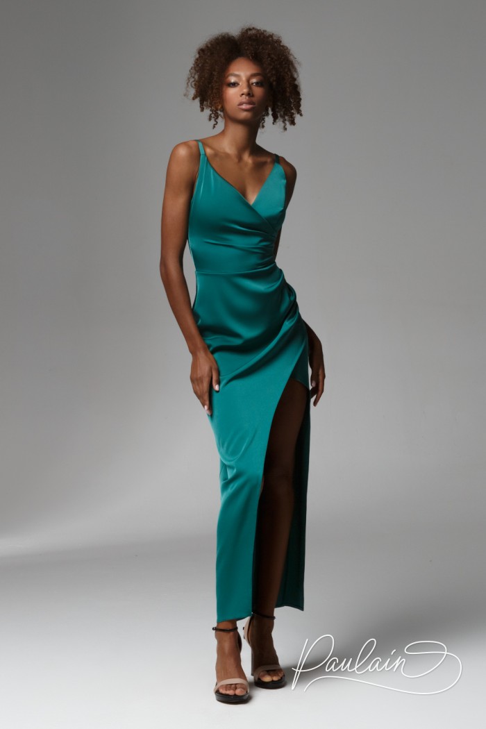 Sexy green evening strap dress with a high slit along the leg- PRIMROSE | Paulain