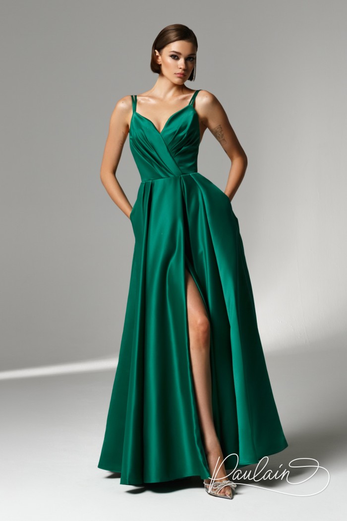 Evening green long wrap dress with straps- RIANNON | Paulain