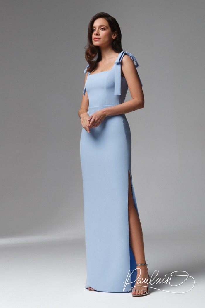 Evening blue dress with a high slit and bow straps- SORAIN | Paulain