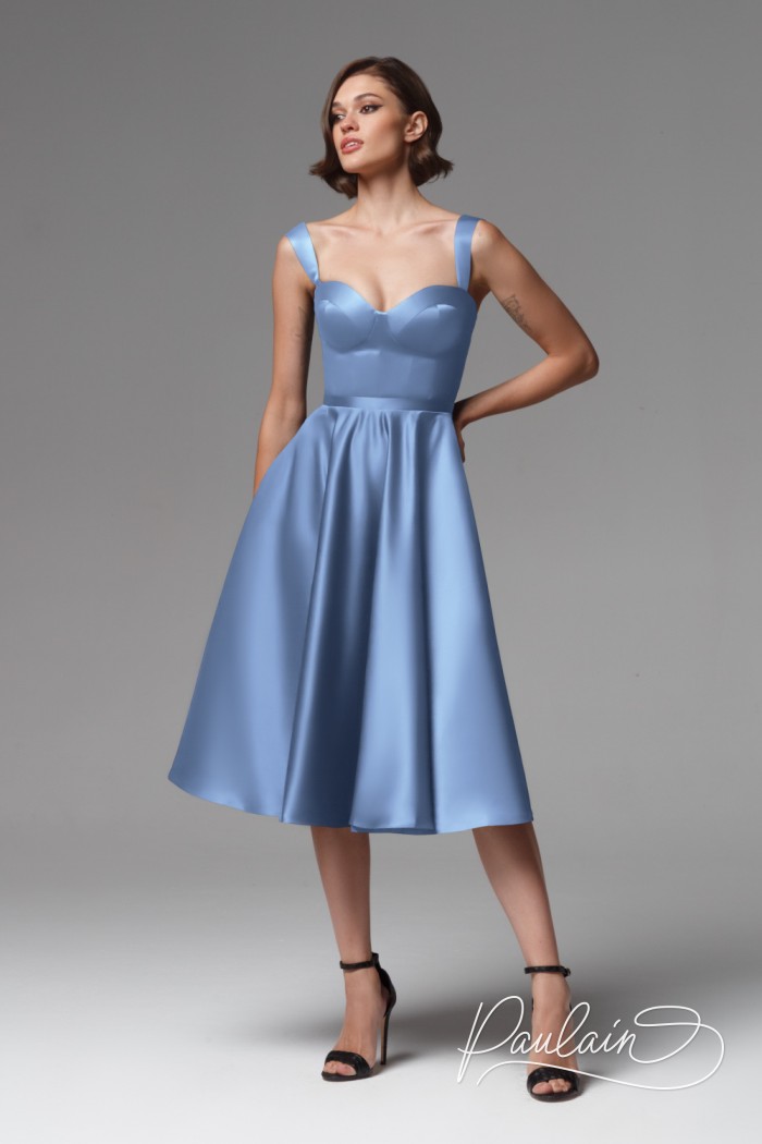 Cocktail dress in a noble blue shade with straps- TATI MIDI | Paulain