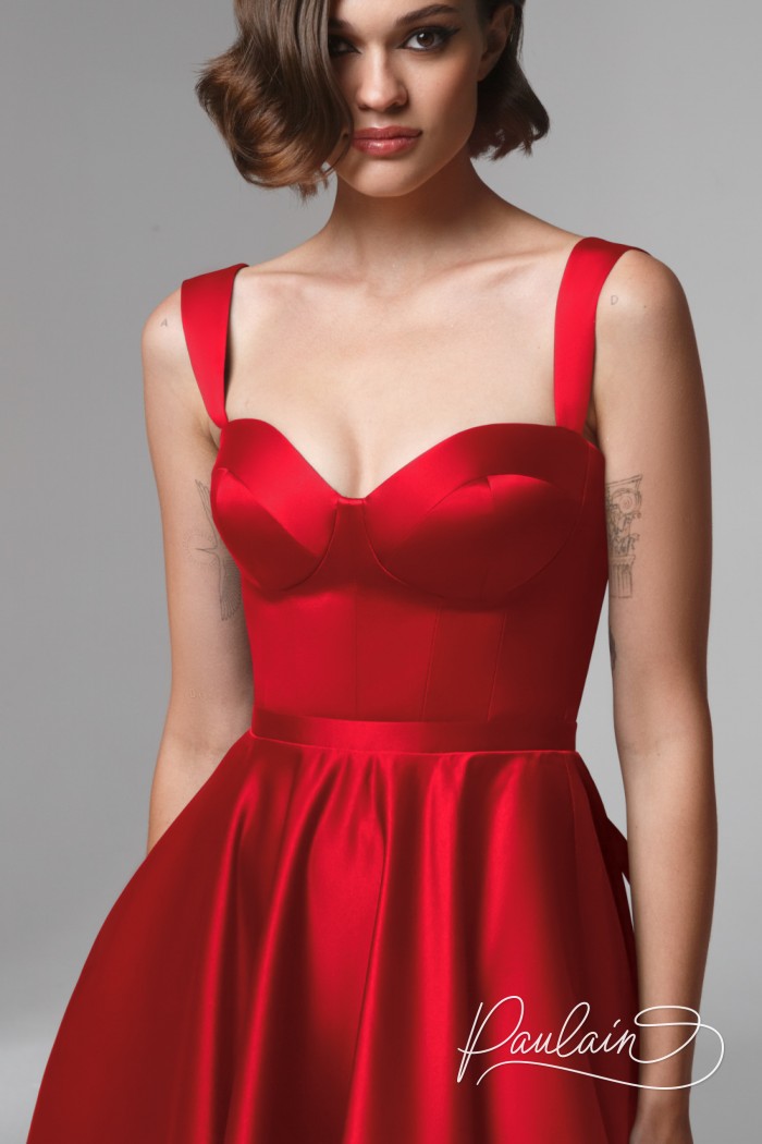 Red midi-length cocktail dress with corset straps- TATI MIDI | Paulain