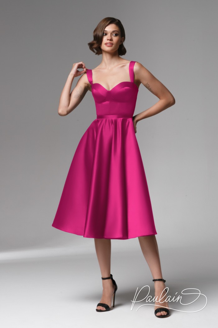Daring pink bright color midi length dress with straps- TATI MIDI | Paulain