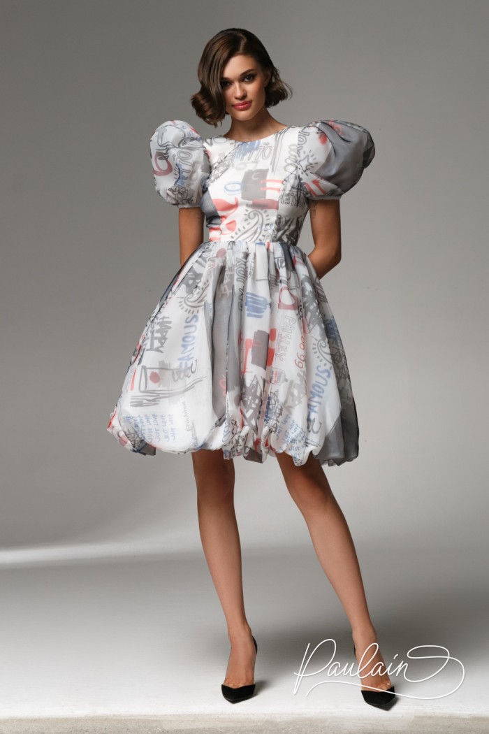 Designer mini length dress with voluminous sleeves and an open back- YUKKI | Paulain