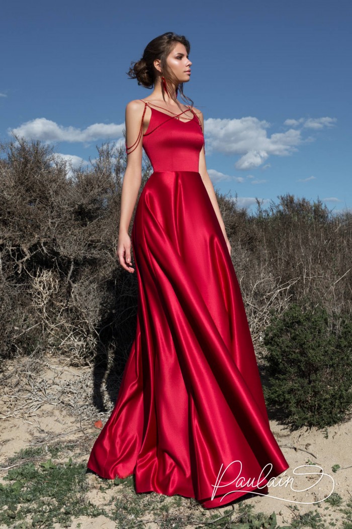 Evening dress made out of exquisite pomegranate shaded silk fabric - GRANADE'S BRACELET | Paulain