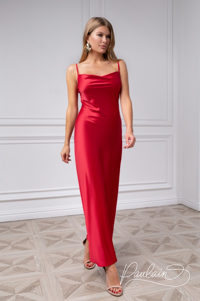 Long evening dress made of thin satin with thin straps - BONNIE Tea-lenght | Paulain