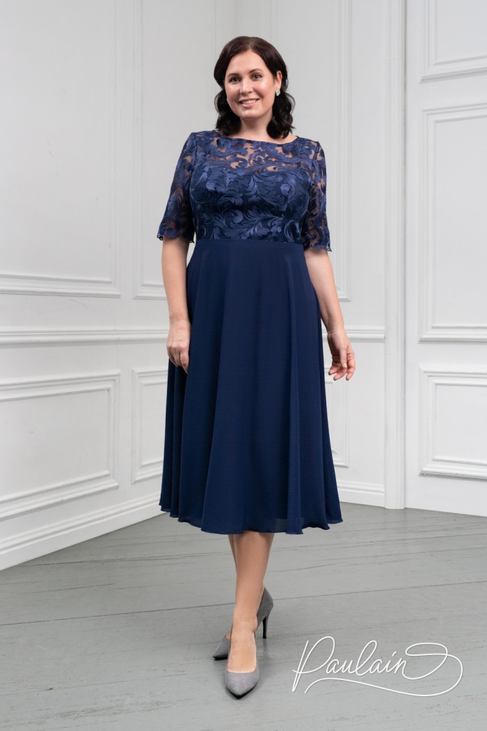 Feminine blue dress with lace bodice and chiffon skirt - DARLE | Paulain