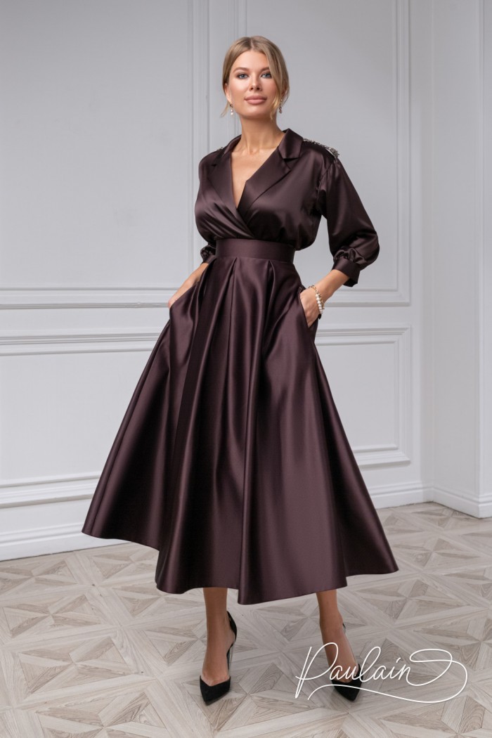 Long sleeve satin blouse and tea length skirt with pockets - ILYNE & PILAR | Paulain