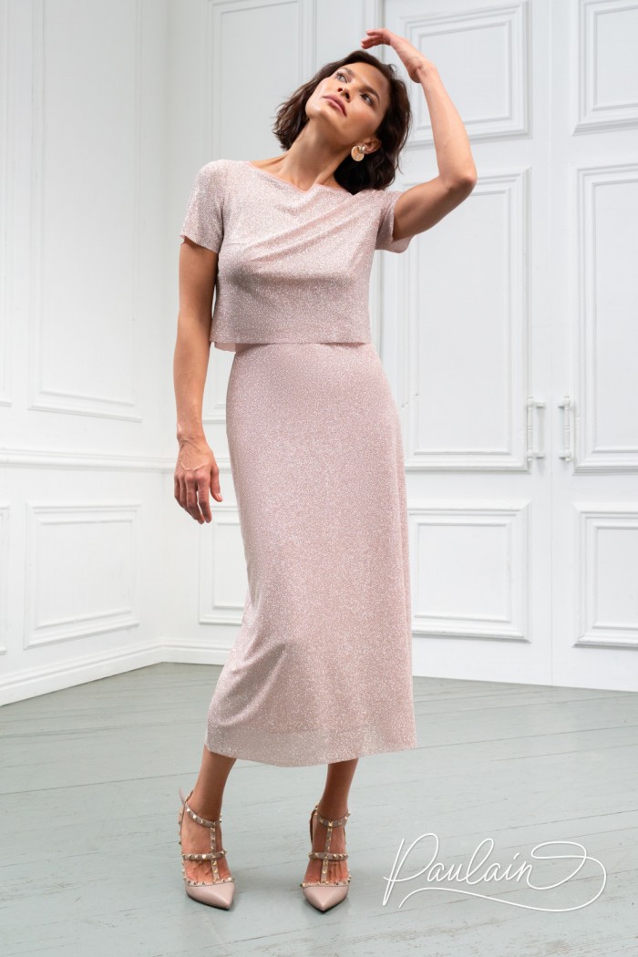 Delicate top with a sleeve and a flying, sparkling midi-length skirt- LIORA | Paulain