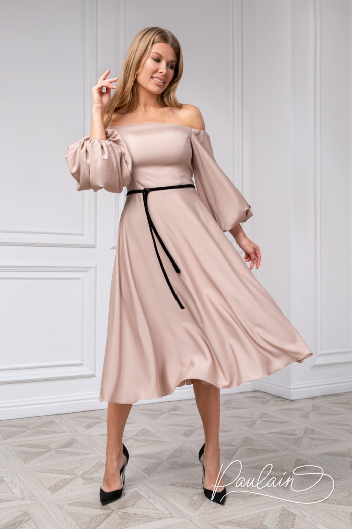 Light cocktail dress with puffy sleeves and a narrow sash - MINNA Midi | Paulain