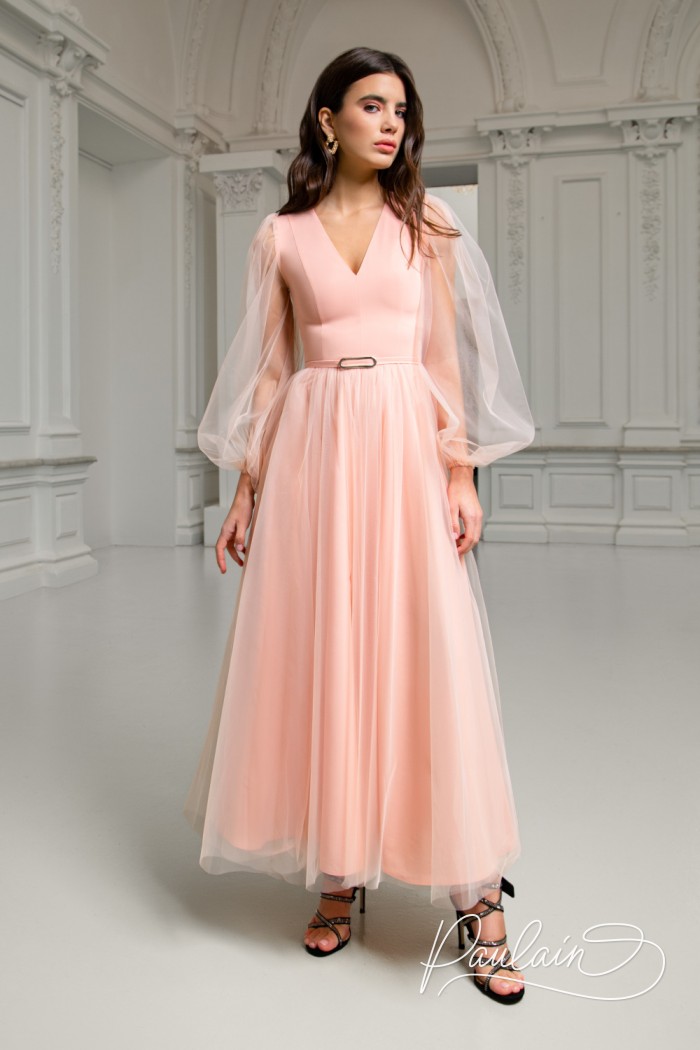 Incredibly airy tea-length evening dress with light sleeves- APRIL | Paulain