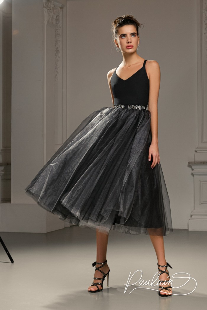 Spectacular cocktail dress with tulle skirt and laconic bodice - CARREY Midi | Paulain