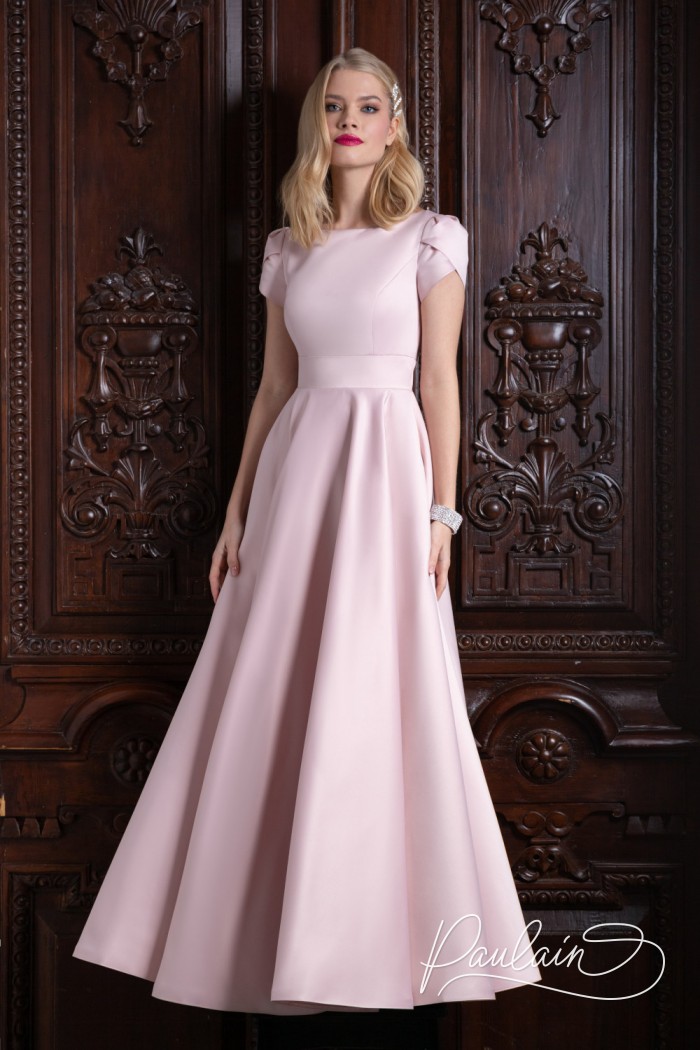 Light pink satin evening dress with long A-line skirt - TUTTA Maxi | Paulain