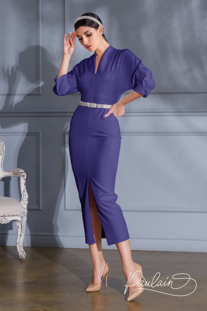 Designer midi length dress with a narrow neckline and sleeves- ALBA | Paulain