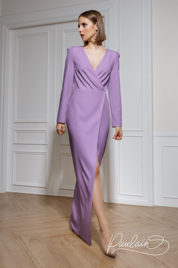 Evening long dress of a strict silhouette with a sleeve and a slit along the leg- HOLLY | Paulain