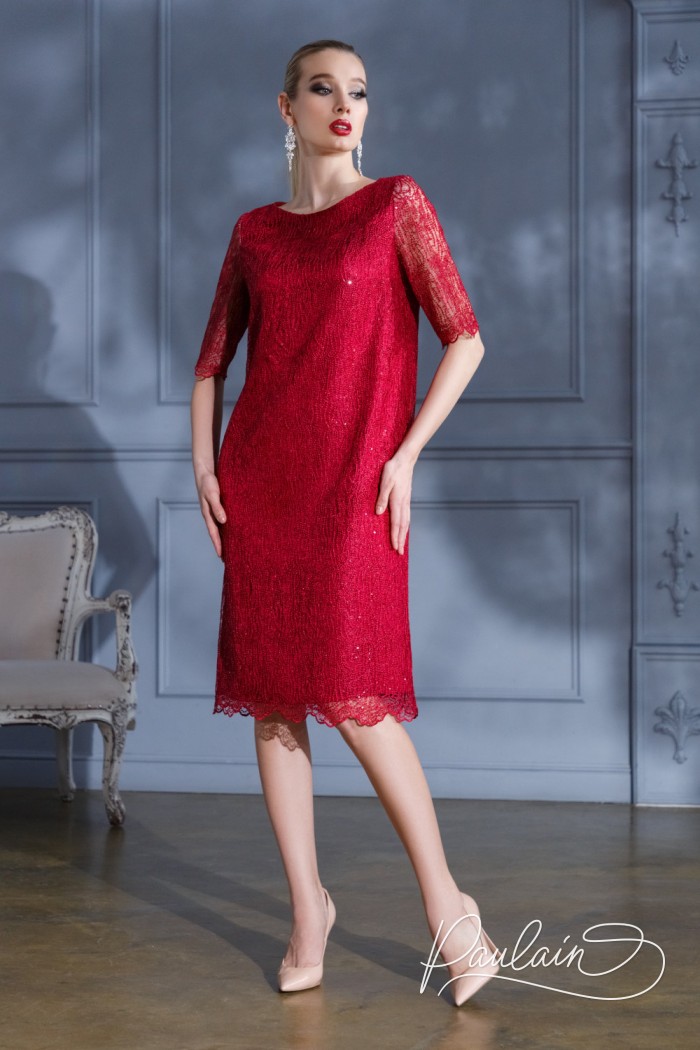 Beautiful red lace dress of straight silhouette midi length with sleeve - RAFFINATE | Paulain