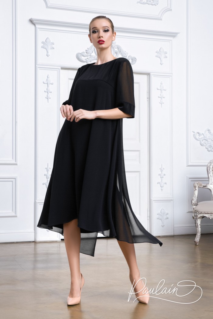 Feminine light dress in black midi length with sleeve - TWILL | Paulain