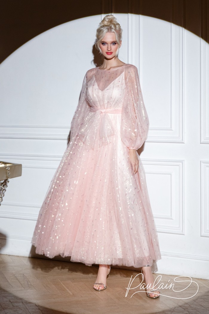 Airy evening dress in pink color with a puffy long skirt - DOMINIC | Paulain