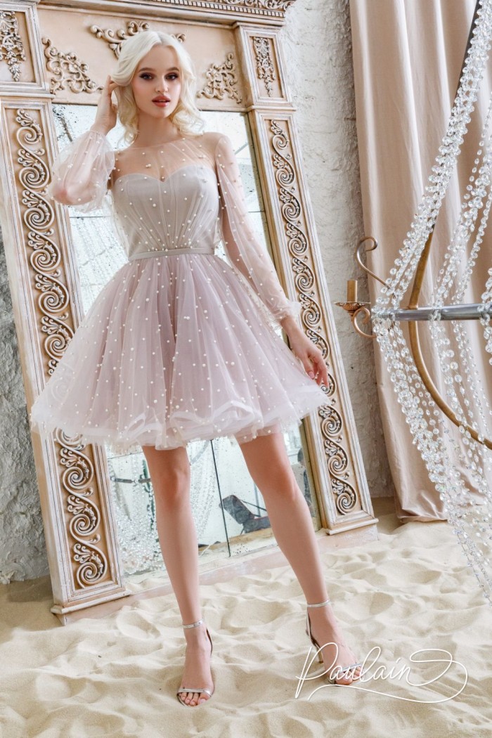 Delicate dress with sheer sleeves and a short fluffy skirt - JULIE | Paulain