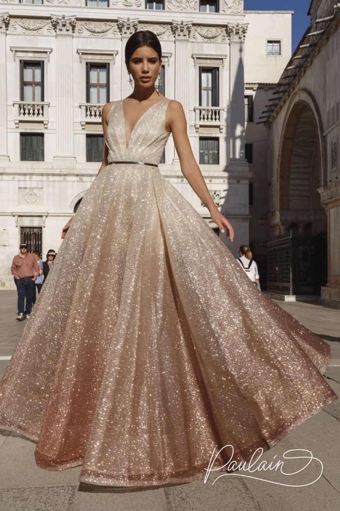 Awesome A-line Evening Dress in Sparkling Ombre Fabric - MELICENTA Bourbon | Paulain
